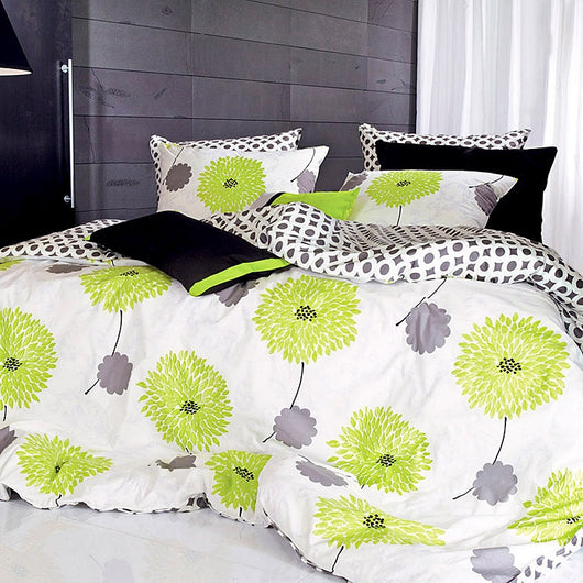 Green Floral & Gray Circle Pattern 4 PCS Sheet Set