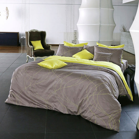 Modern Grayish Brown & Lime Yellow Duvet Cover Set
